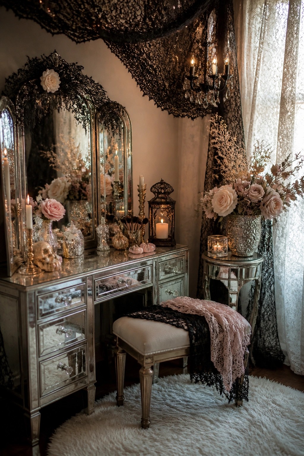 Mirrored vanity table decorated for Halloween with a skull, black lace, candles, and pink roses in a bedroom setting.