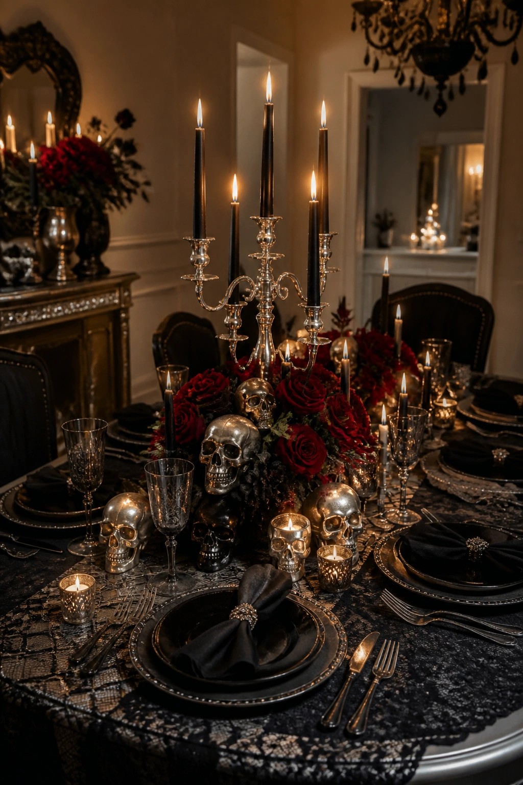 Dining table with a large centerpiece of silver skulls, black roses, and tall black candles in ornate holders, surrounded by black plates and glassware.