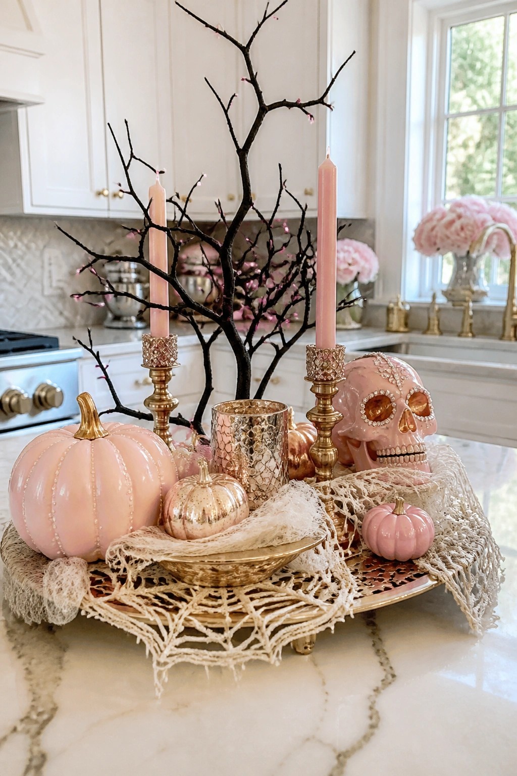 Kitchen countertop vignette with a round tray holding pink pumpkins, a jeweled pink skull, black branches, and pink taper candles in gold holders.