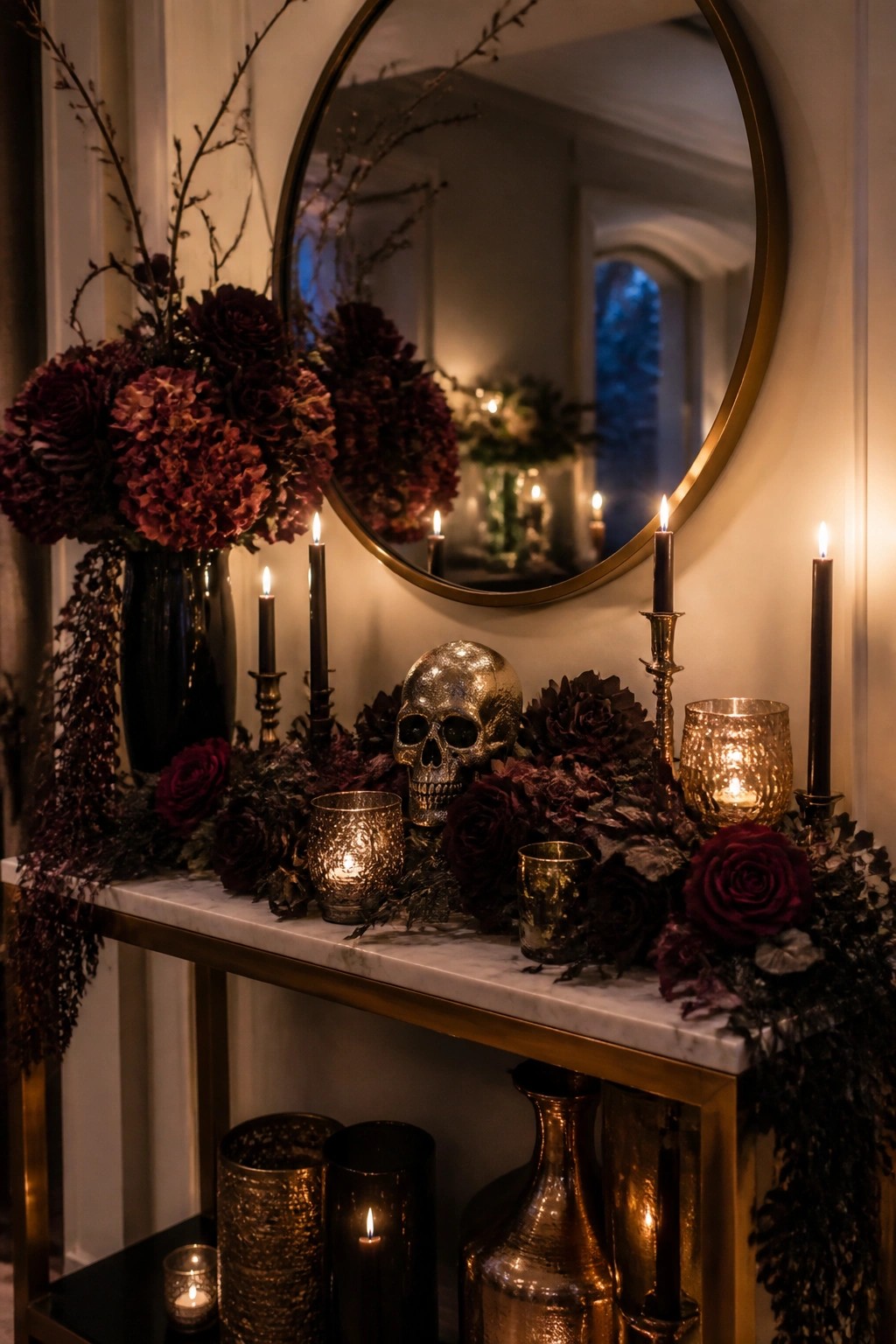 Console table with a glitter skull centerpiece, dark flowers, and lit candles in front of a round mirror.