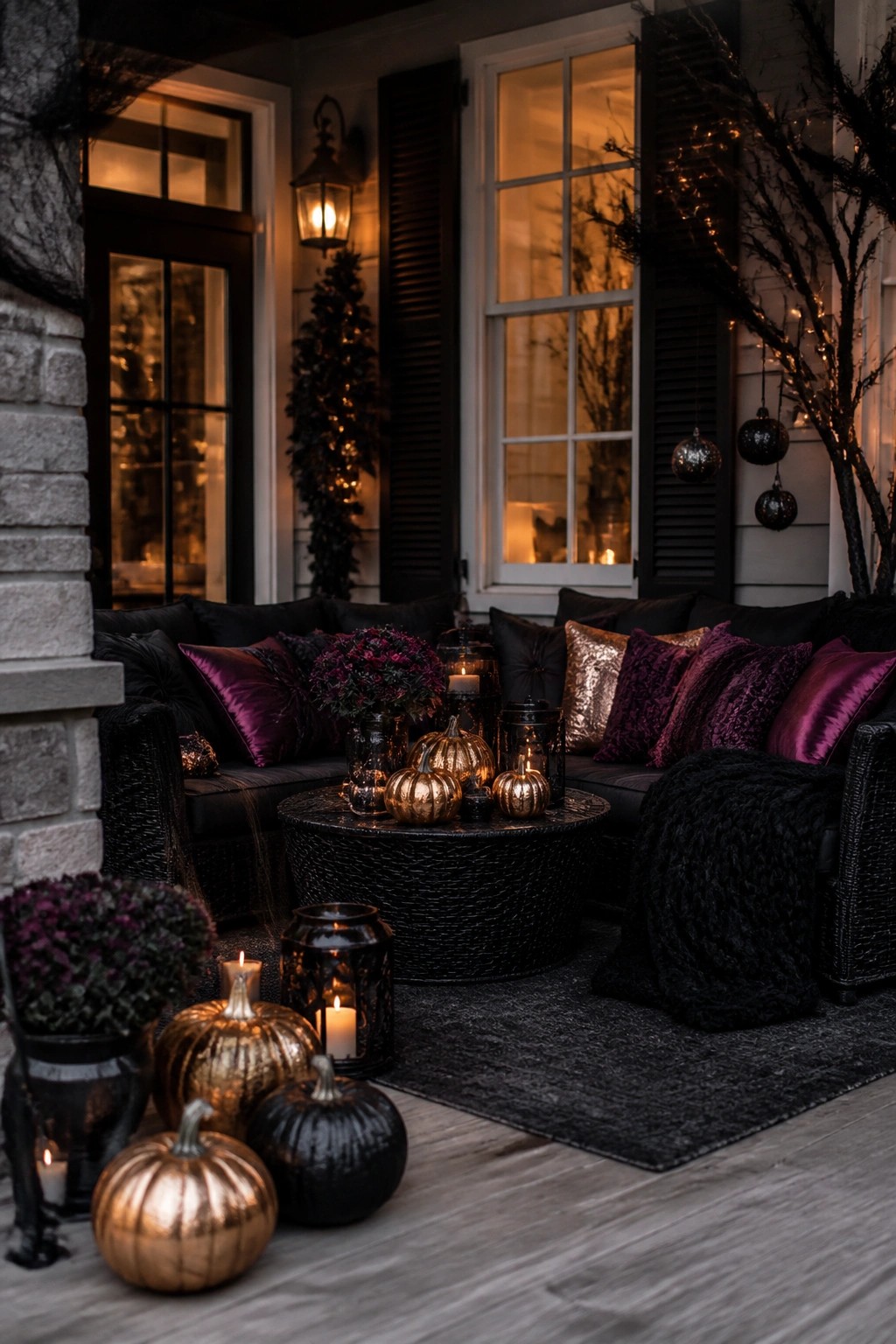 Front porch decorated with metallic gold and black pumpkins, black lanterns, and dark purple pillows on black outdoor furniture.