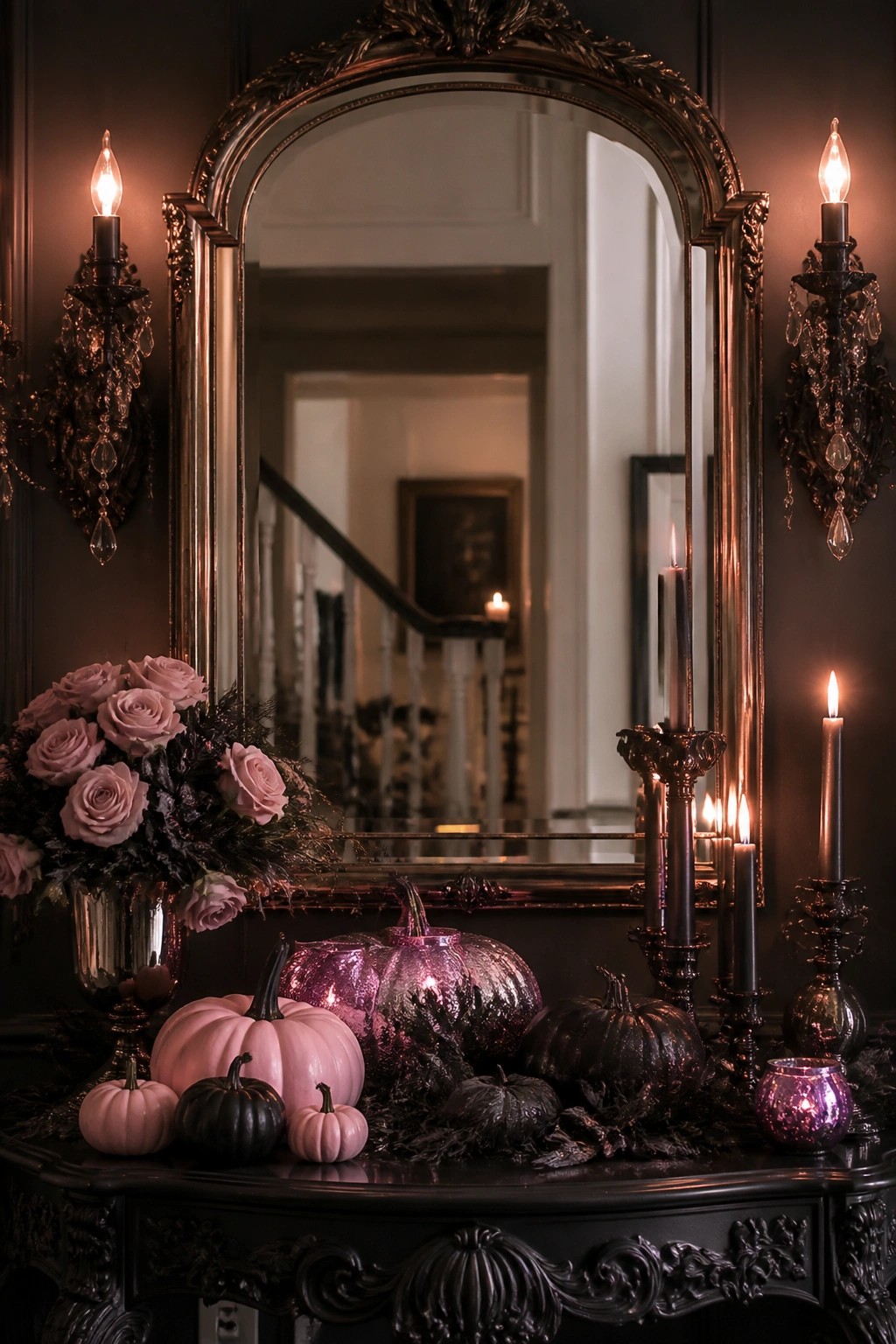 Ornate mirror above table with pink roses, glitter pumpkins, and glowing black candles