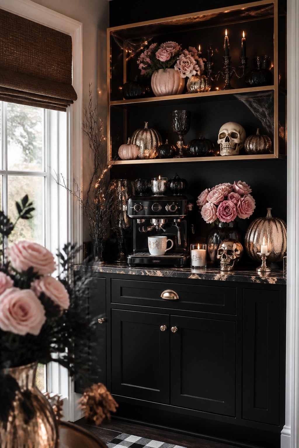 Black marble coffee bar with espresso machine, skulls, glitter pumpkins, pink roses, and candles.
