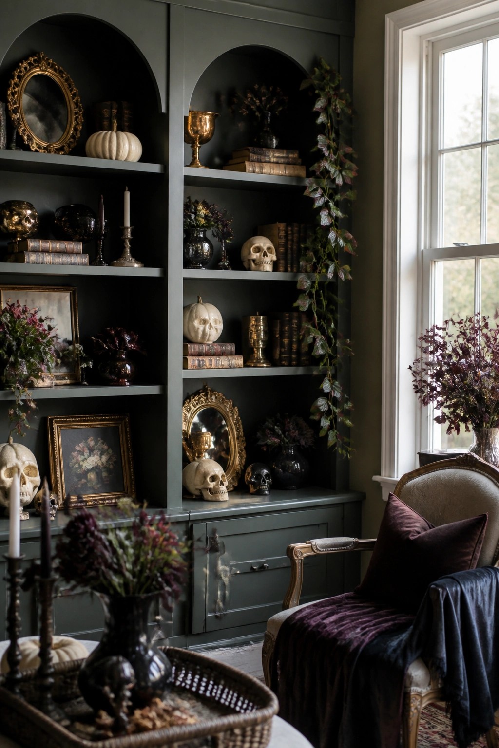 Built-in dark shelves filled with multiple skulls, books, gold frames, and dark floral arrangements in a living room.