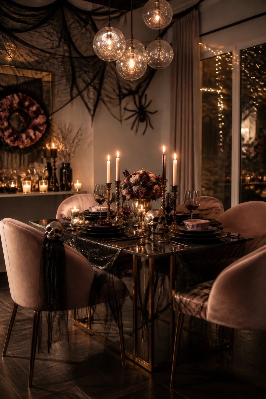 Dining table decorated for Halloween with black plates, skulls, candles, and a dark floral arrangement on a sequined runner.