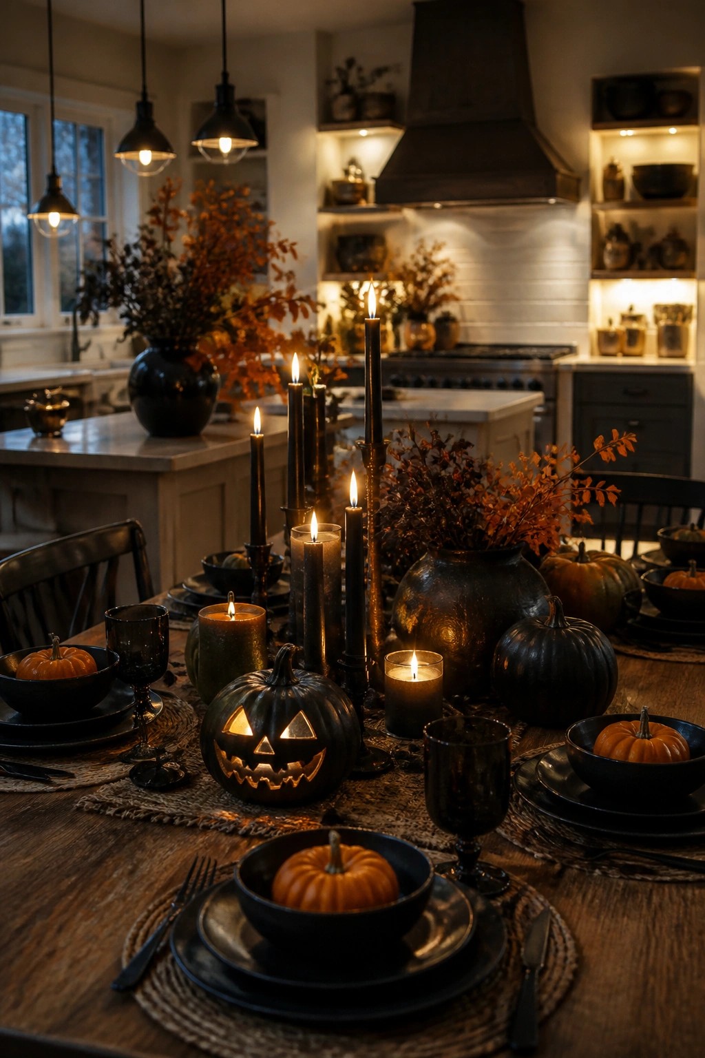 Kitchen dining table set with a carved jack o lantern centerpiece, black candles, and dark dishware.