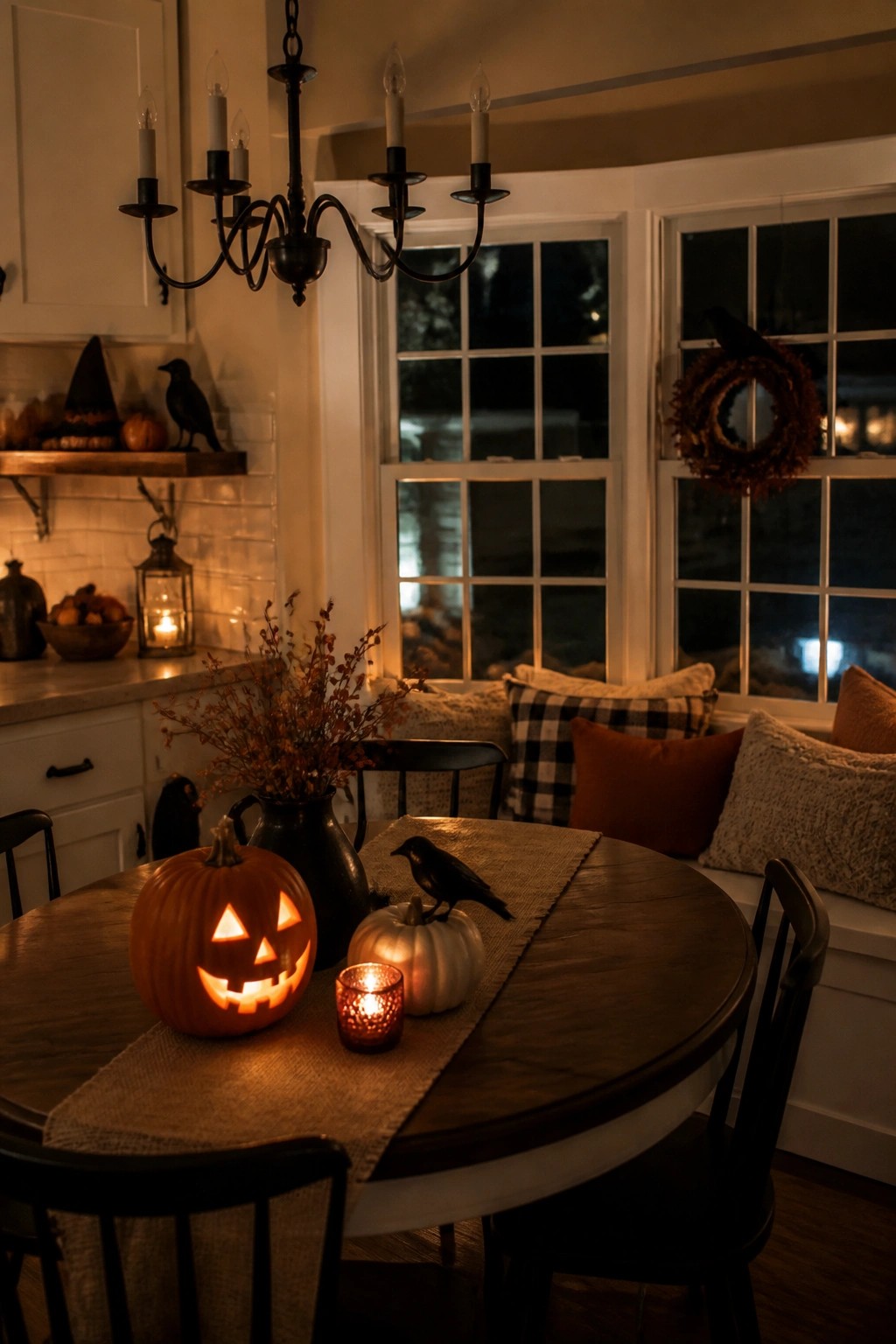 Round wooden dining table with a lit jack o lantern, small white pumpkin, black crow figurine, and candle arranged on a burlap runner.