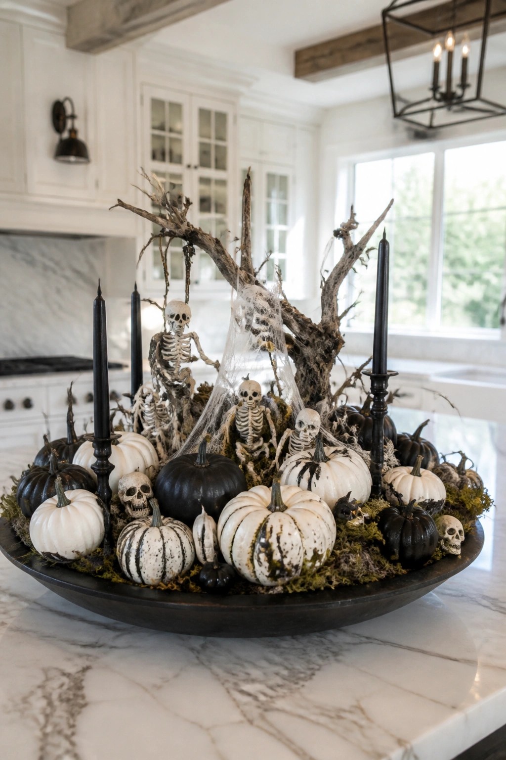 Kitchen island with a large dark bowl holding small skeletons, a gnarled branch covered in spiderwebs, skulls, and black and white pumpkins.