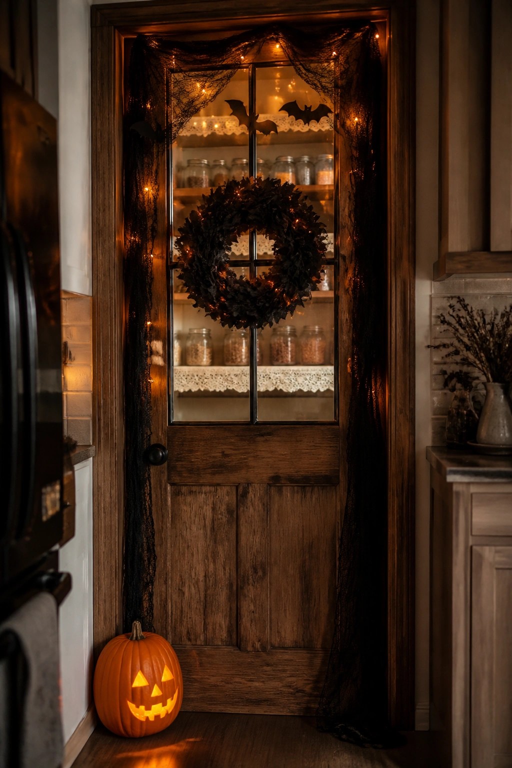 Kitchen door decorated with black lace, string lights, bat cutouts, and a dark wreath, with a lit jack-o'-lantern on the floor.