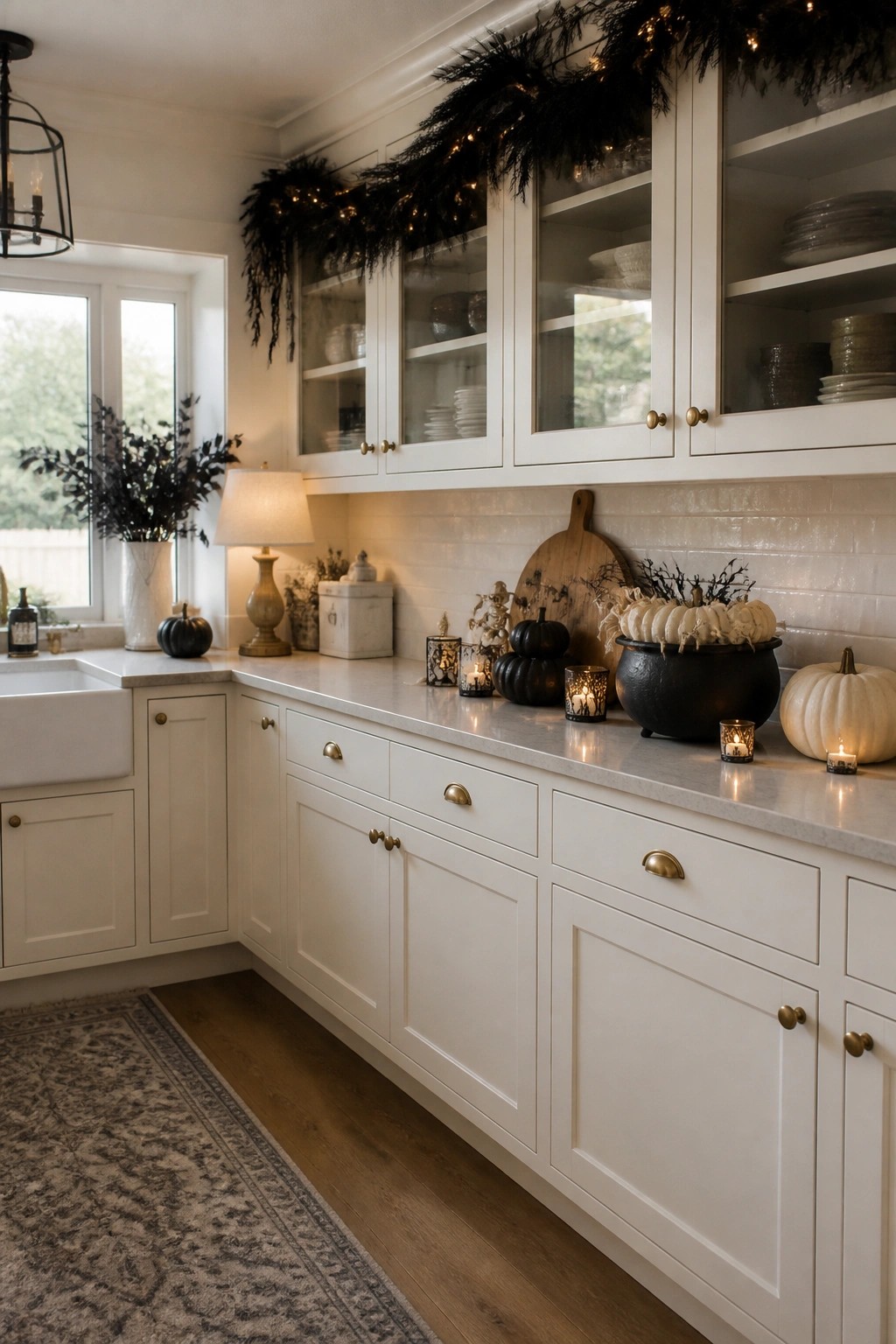 White kitchen with a black foliage garland strung with lights across the top of the cabinets and black and white pumpkins with lit candles on the countertop.
