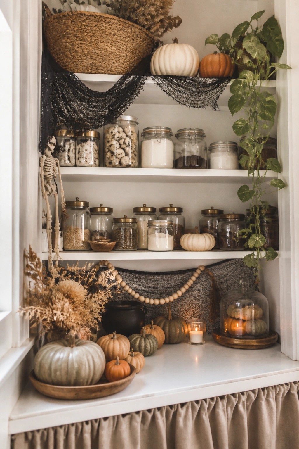 Open kitchen shelves styled with black spiderweb fabric, a skeleton figure, skull-filled jars, and small pumpkins.