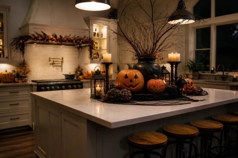 Harvest-themed kitchen island with pumpkins, candles, lanterns, and dark bar stools.