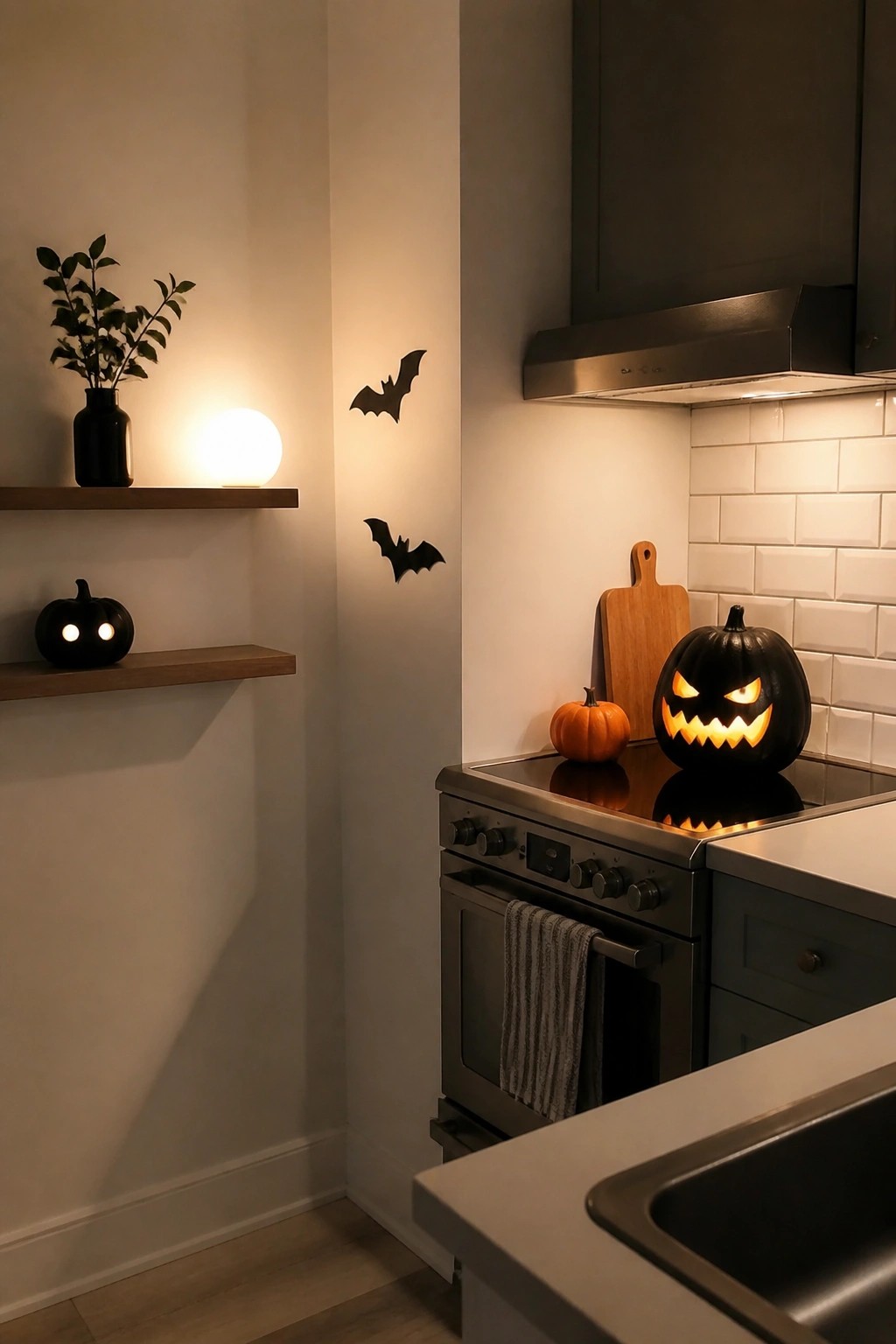 Kitchen stove area with multiple glowing jack o lanterns, a small pumpkin, wooden cutting board, and black bat wall decorations.
