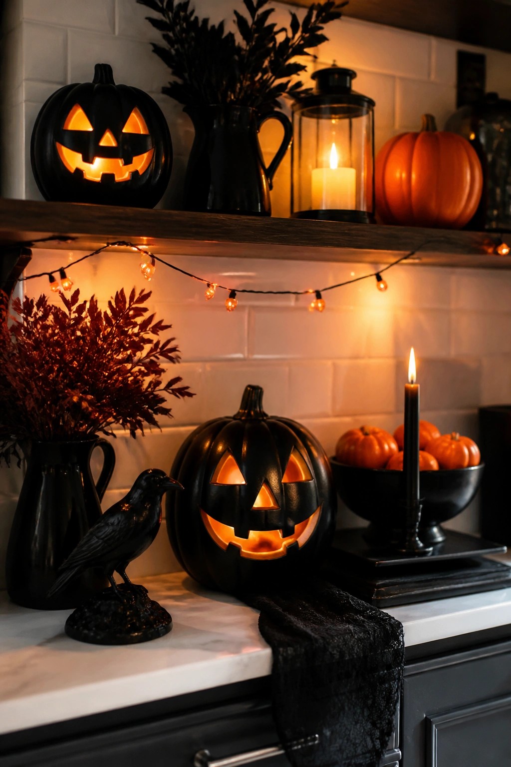 Kitchen counter with glowing black jack-o'-lanterns, a black crow figurine, and string lights along a white tile backsplash.