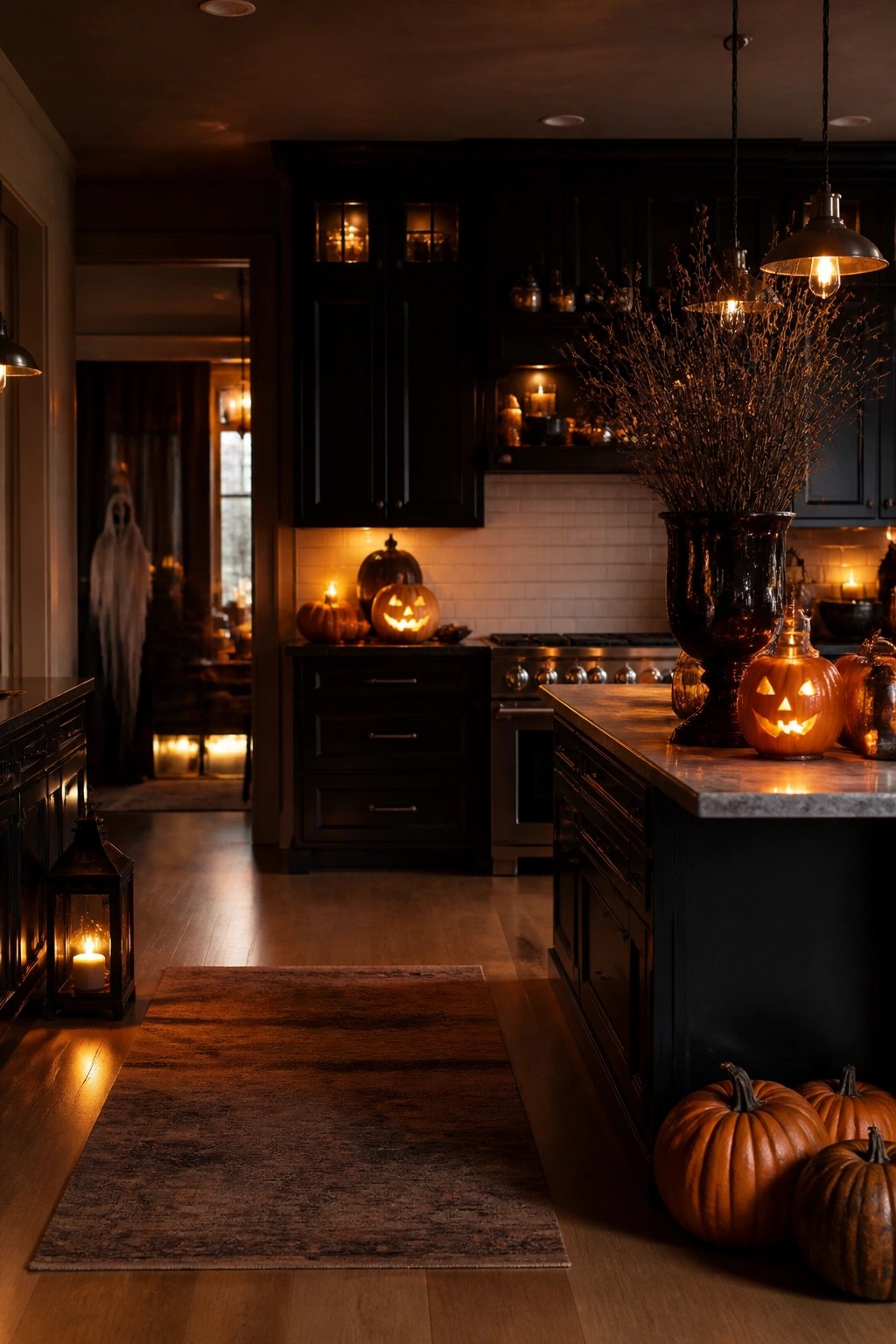 Kitchen island styled with several carved jack o lanterns, a large dark vase filled with bare branches, and extra pumpkins on the floor.