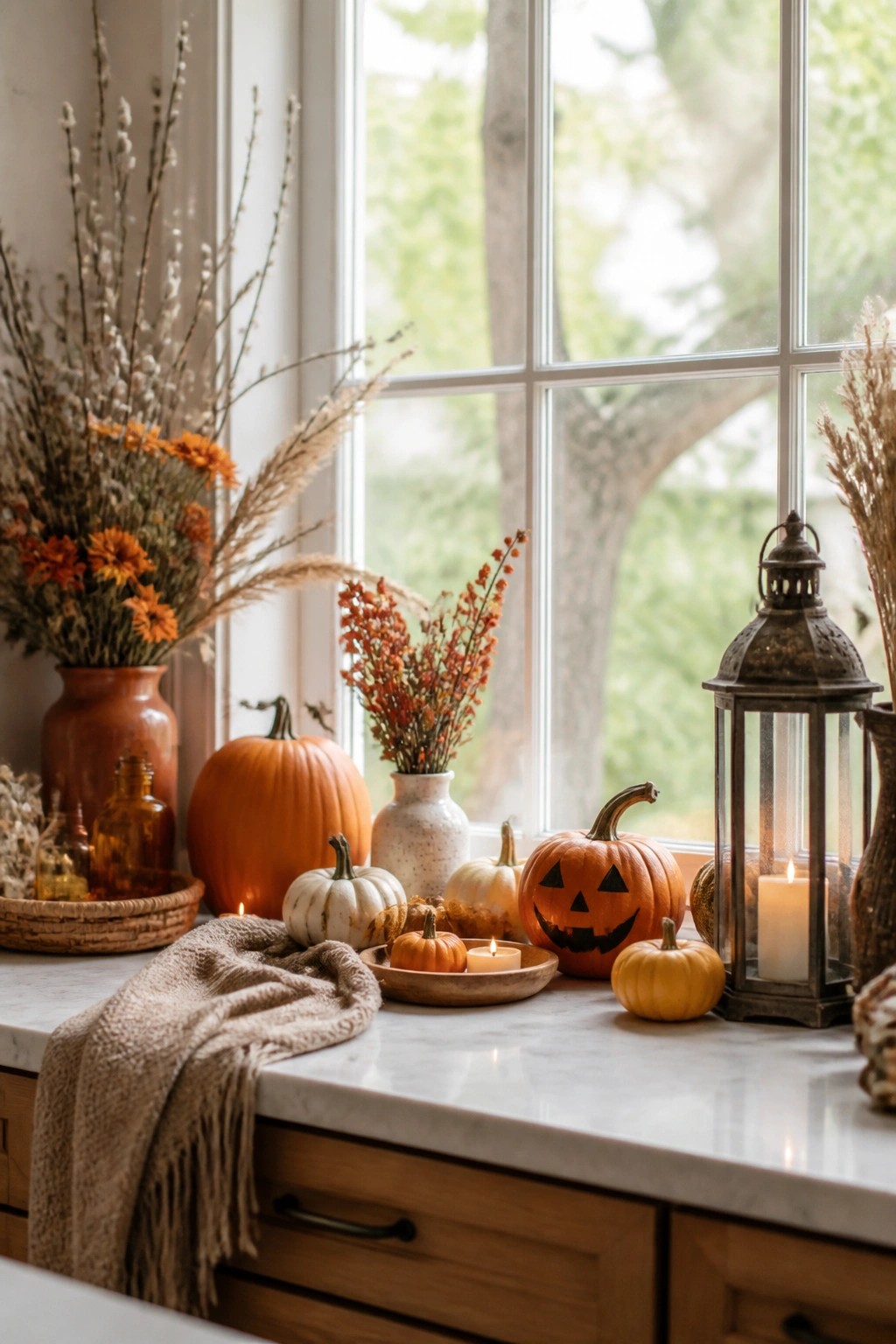Autumnal display of pumpkins, jack-o'-lantern, candles, dried flowers, and lantern by window