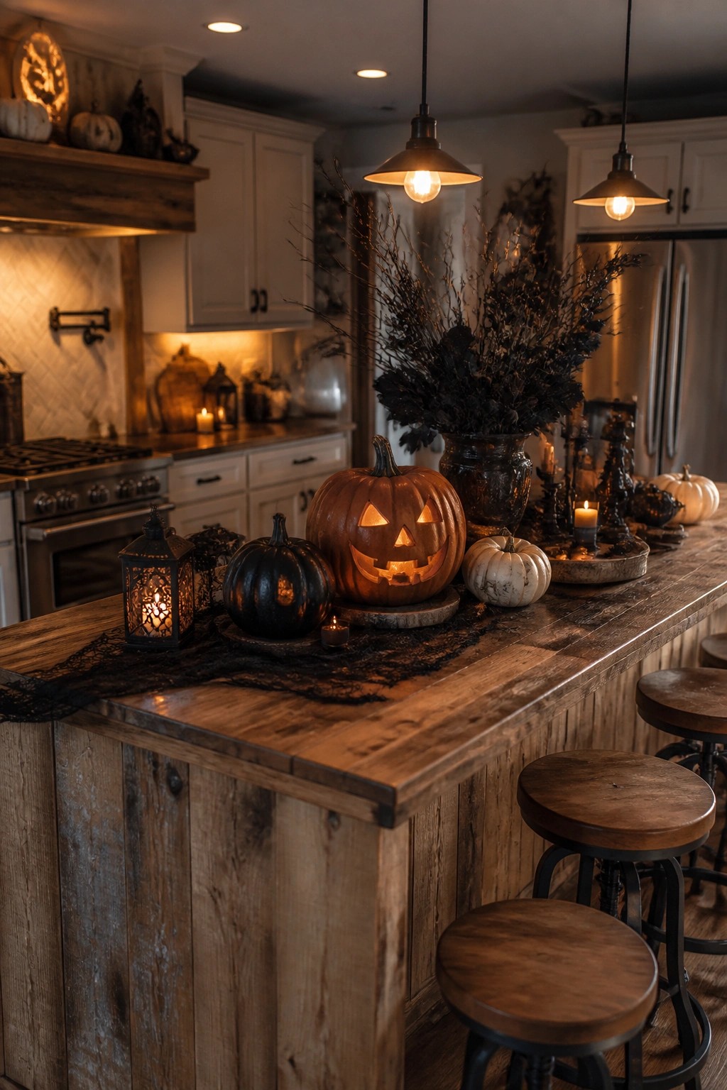 Kitchen island with a large carved glowing jack o lantern, smaller pumpkins, and dark branches arranged on a wooden surface.