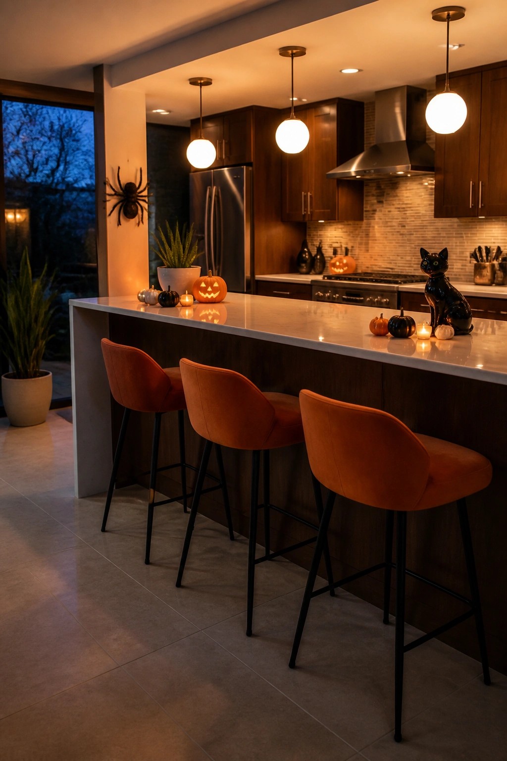 Modern kitchen island with orange velvet stools, pumpkins, black cat, and spider decor