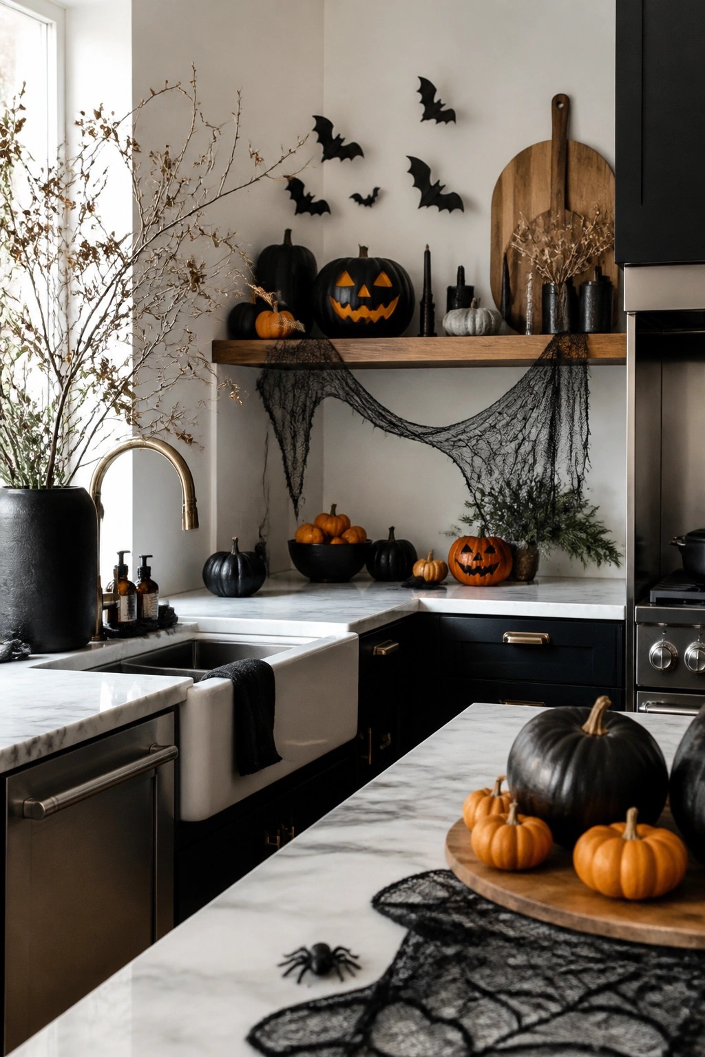 Kitchen with black paper bats on the wall above an open wooden shelf draped in black spiderweb material and styled with carved and black pumpkins.