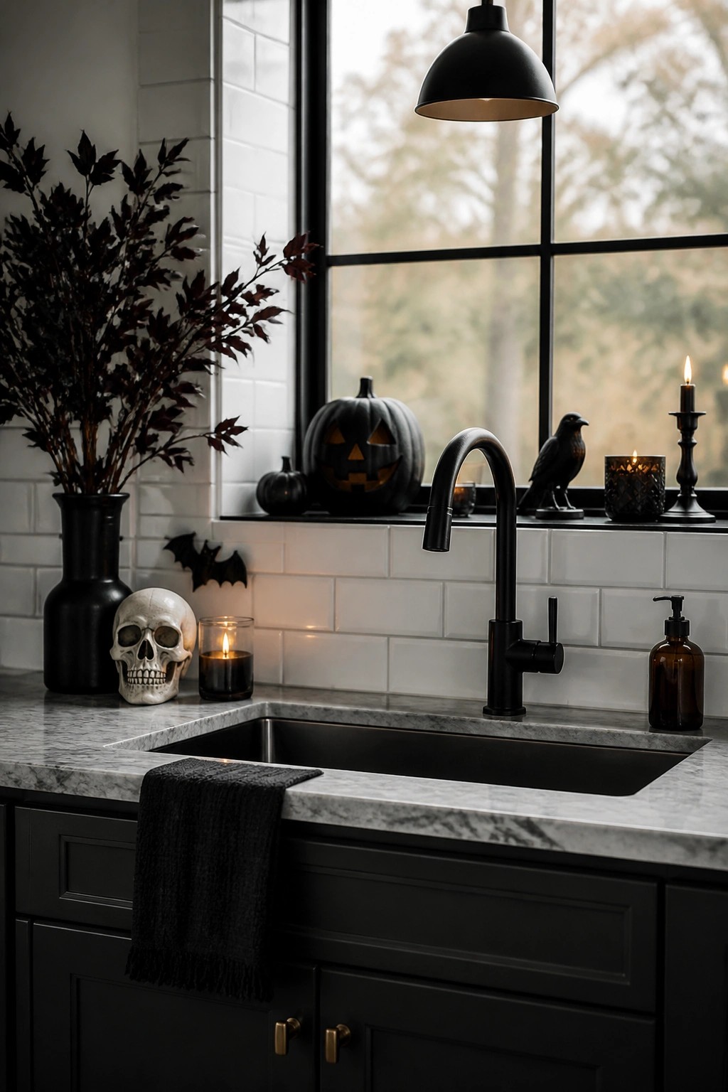 Dark Halloween kitchen sink with skull, black faucet, pumpkin, and lit candles