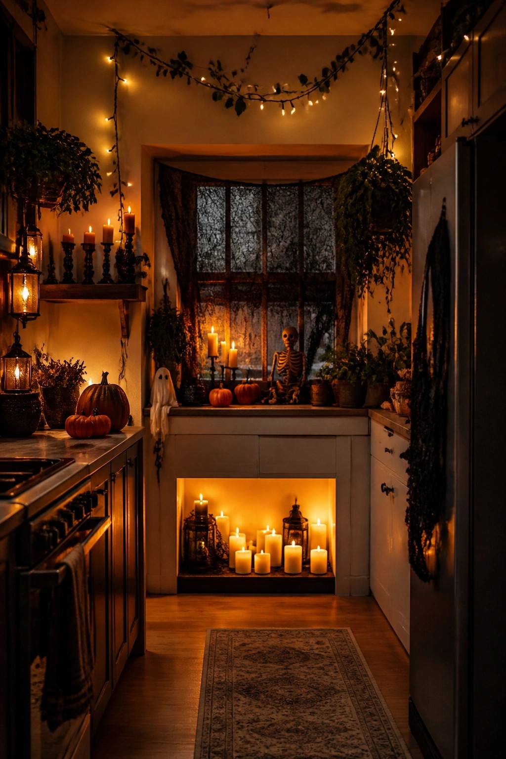 Kitchen window display featuring a seated skeleton above a fireplace niche filled with lit candles, along with a few pumpkins and string lights.