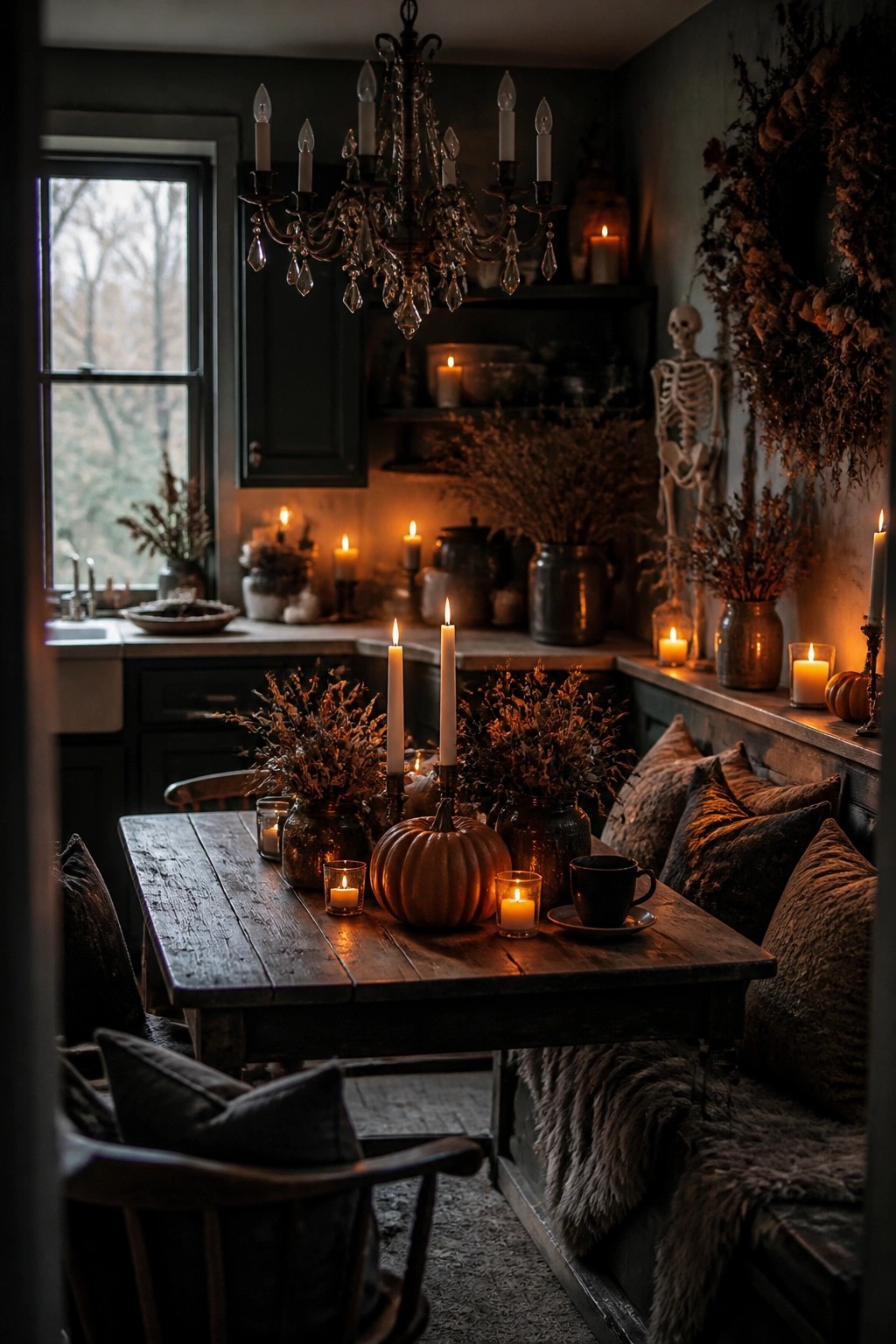Kitchen dining space with a full skeleton decoration standing near a wooden table holding a large pumpkin and lit candles in dark holders.