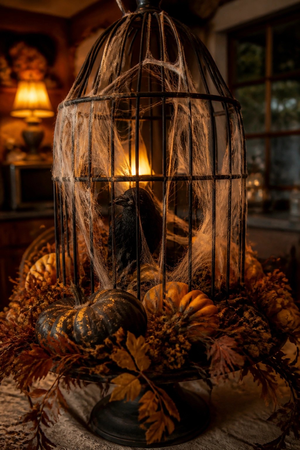 A black birdcage covered in spiderwebs with a dark bird inside, placed on a pedestal surrounded by small pumpkins and autumn leaves in a kitchen setting.