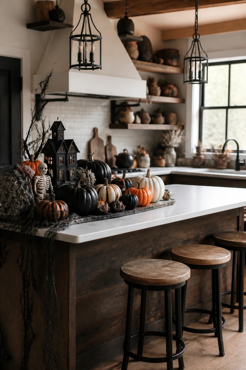 Rustic kitchen island with black, orange, and white pumpkins, skeleton, and haunted house.