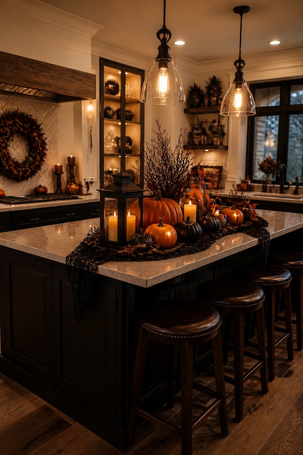 Harvest-themed kitchen island with pumpkins, candles, lanterns, and dark bar stools.