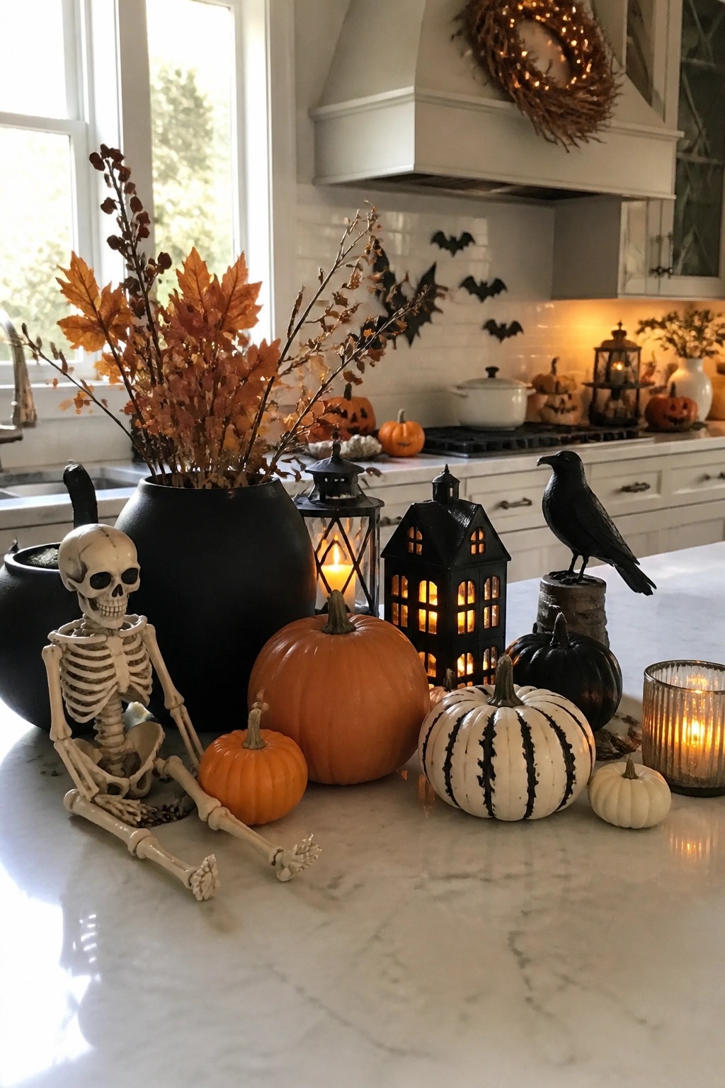 Kitchen counter with a decorative skeleton seated among orange and white pumpkins, black lanterns, and a crow figure.