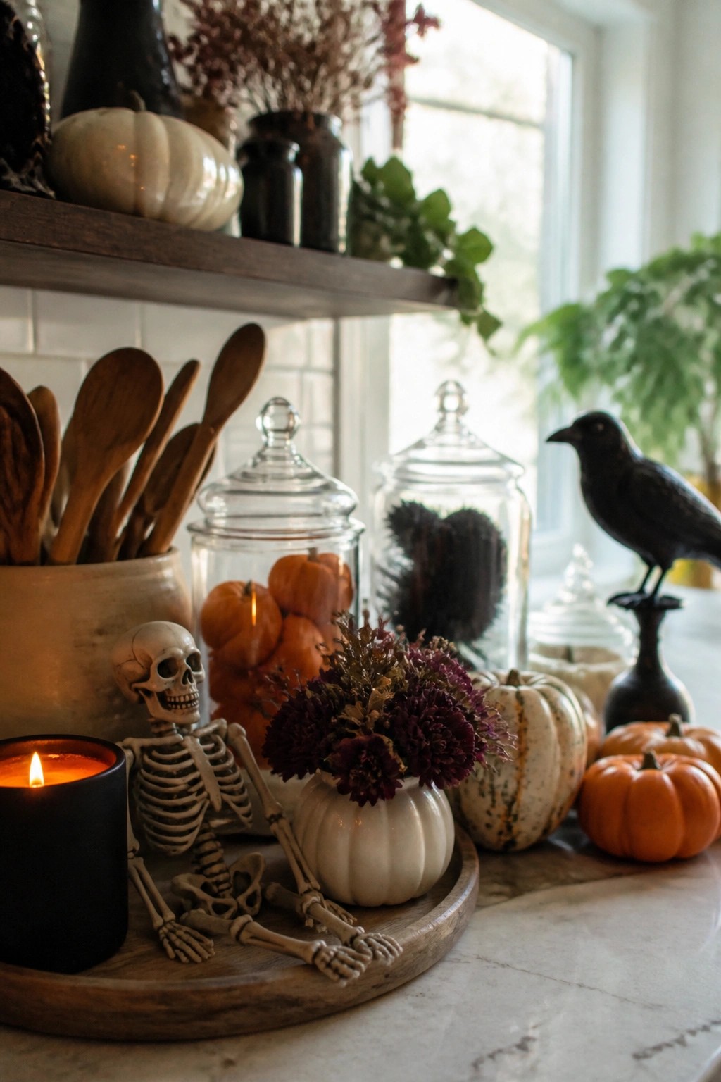 Kitchen counter with a small skeleton figure seated on a wooden tray next to a lit candle and a white pumpkin vase holding dark flowers.