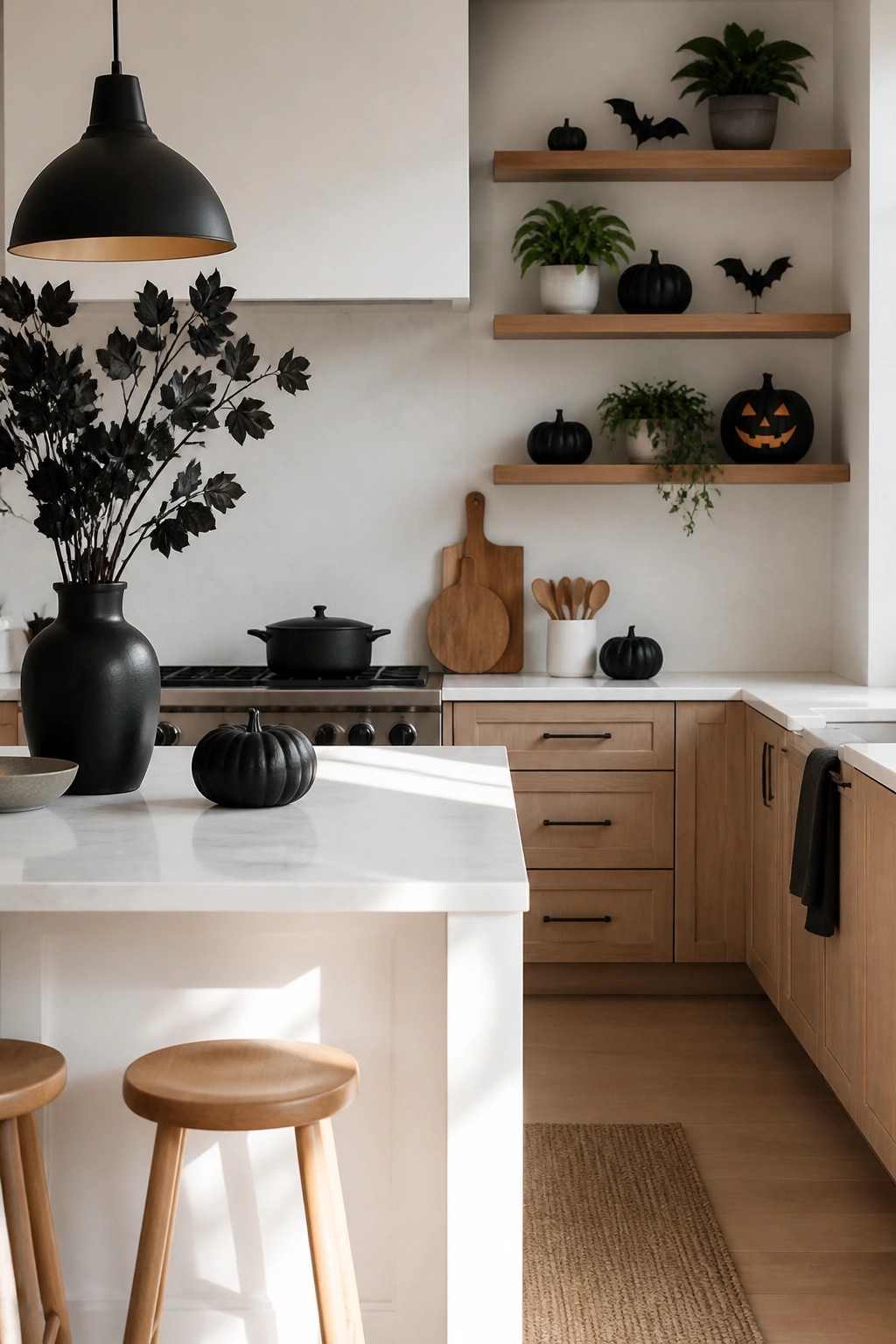 Kitchen open shelves holding black bats, black pumpkins, and potted plants above a white countertop.