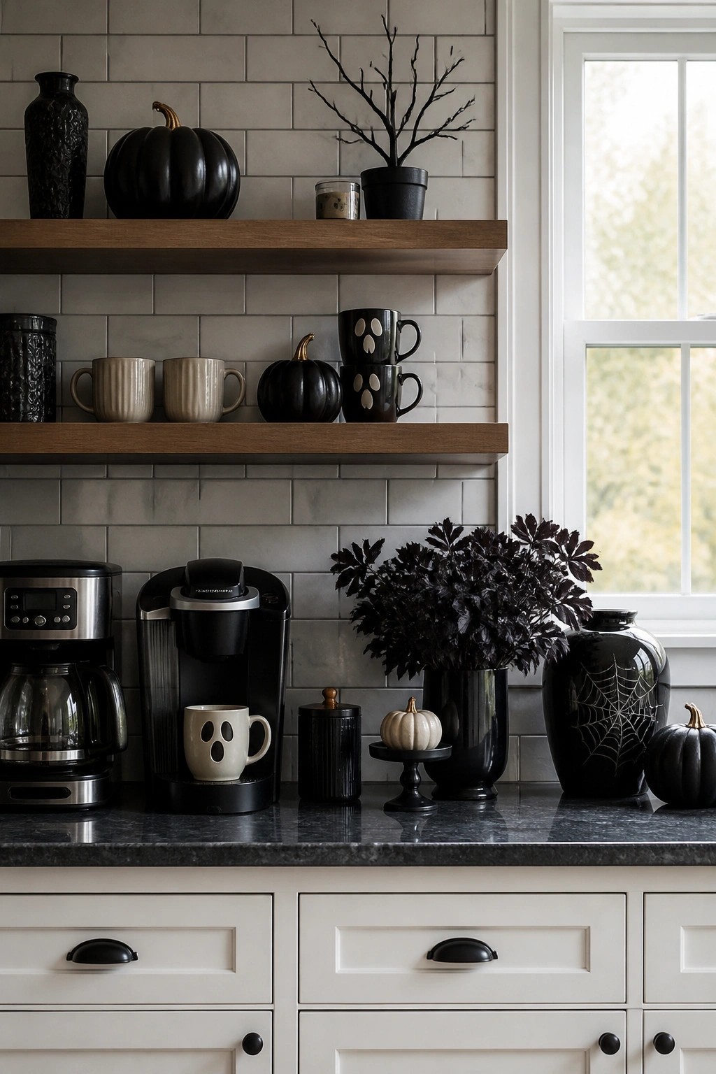 Kitchen counter and open shelves with ghost patterned mugs, black pumpkins, and a black vase featuring a white spiderweb design.
