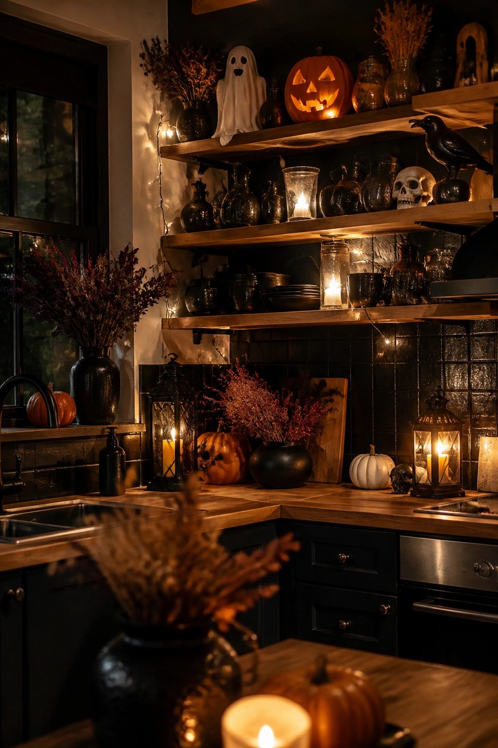 Dark wooden open shelves in a kitchen holding a white ghost figure, glowing jack o lantern, skulls, black crows, and assorted glassware with candles.