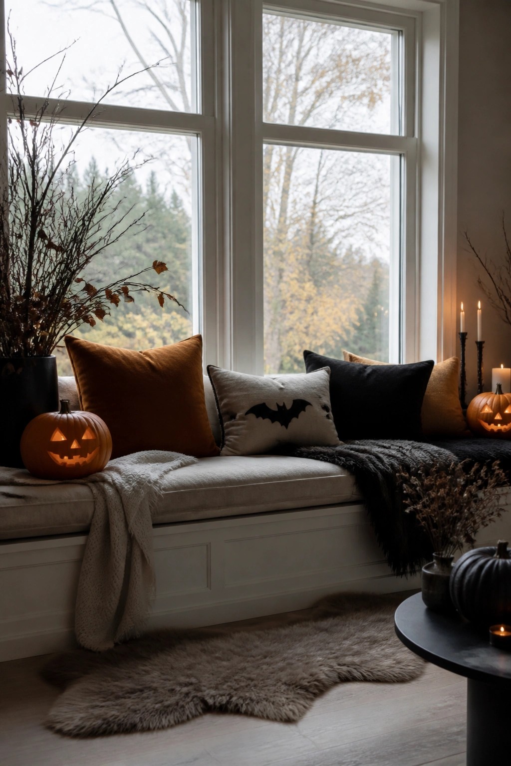 Cozy window seat with glowing jack-o'-lanterns, bat pillow, candles, and autumn branches.