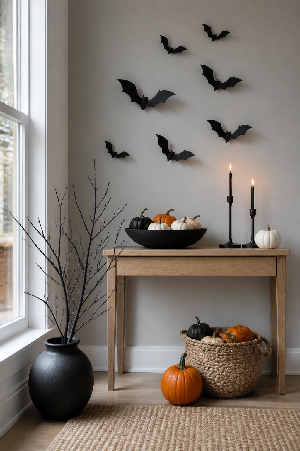 Entryway console with black bats arranged on the wall above it, pumpkins, black candles, and a dark vase with branches.