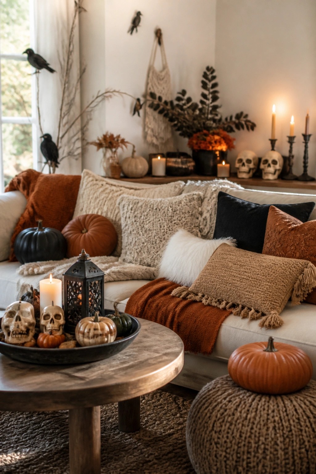 Living room coffee table holding a dark bowl with skulls, small pumpkins, and a lantern near a sofa with orange and black pillows.