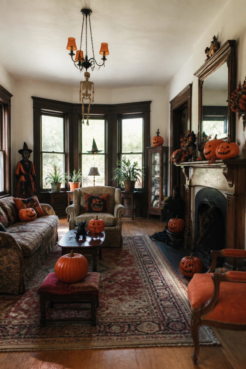 Living room fireplace mantel decorated with multiple carved jack-o'-lantern pumpkins and fall foliage accents.