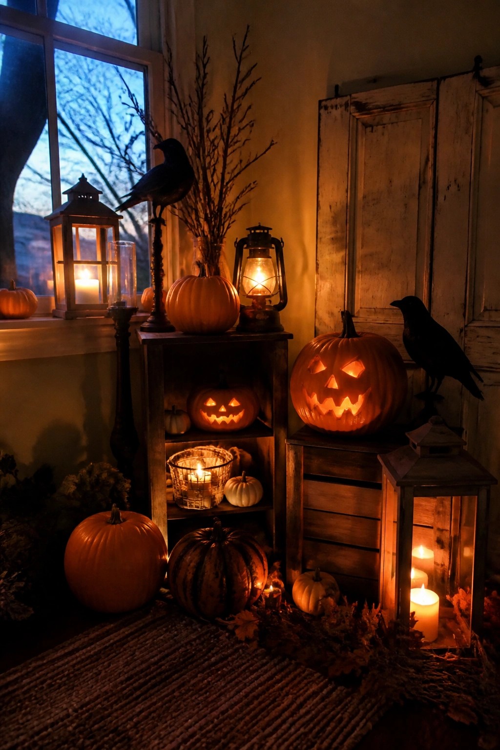 Indoor corner with multiple lit jack o lanterns of different sizes placed on wooden shelves and stands, along with lanterns and black crow figures.