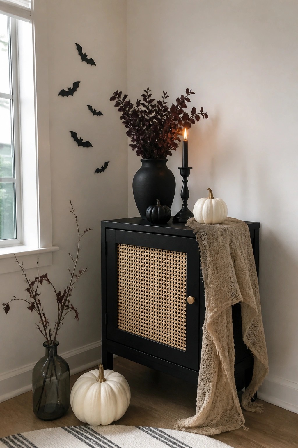 Black cabinet with a vase of dark foliage, a lit candle, and small pumpkins, with several black bat cutouts arranged on the wall above it.