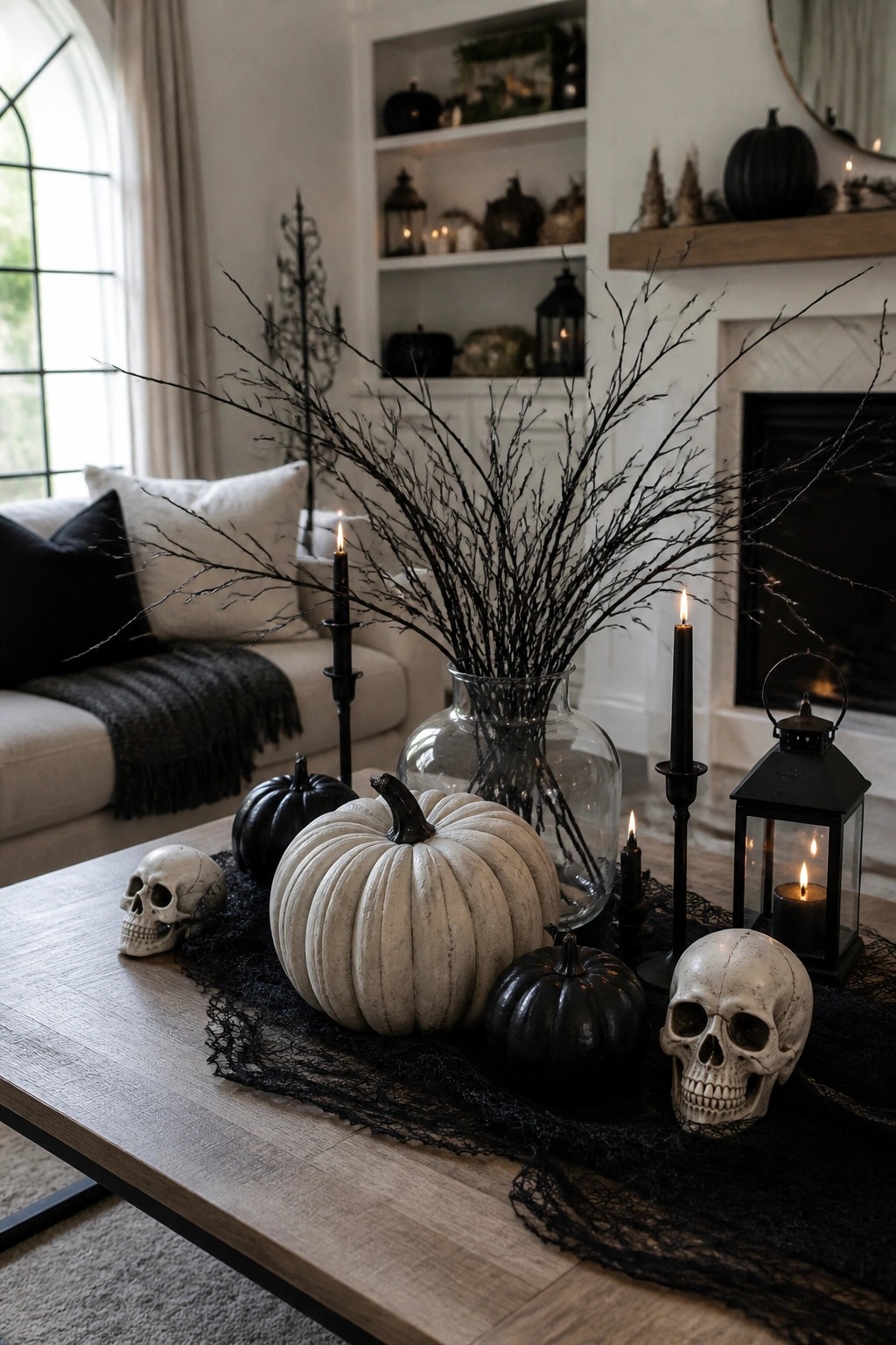 Coffee table with a large glass vase filled with black branches, surrounded by white and black pumpkins, two skulls, and black candles on a black lace runner.