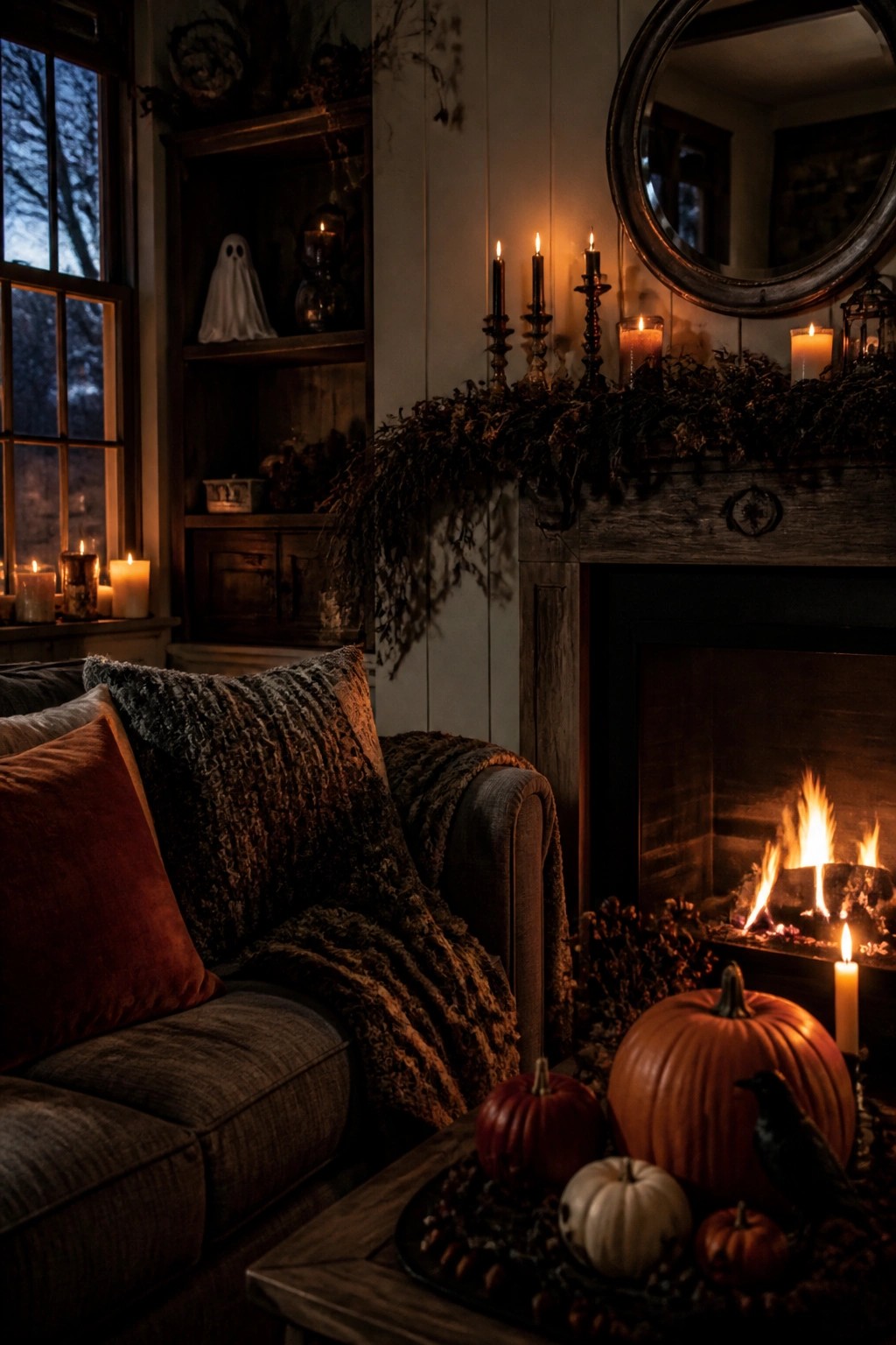 Cozy dark living room with fireplace, pumpkins, candles, ghost decoration, and mirror.