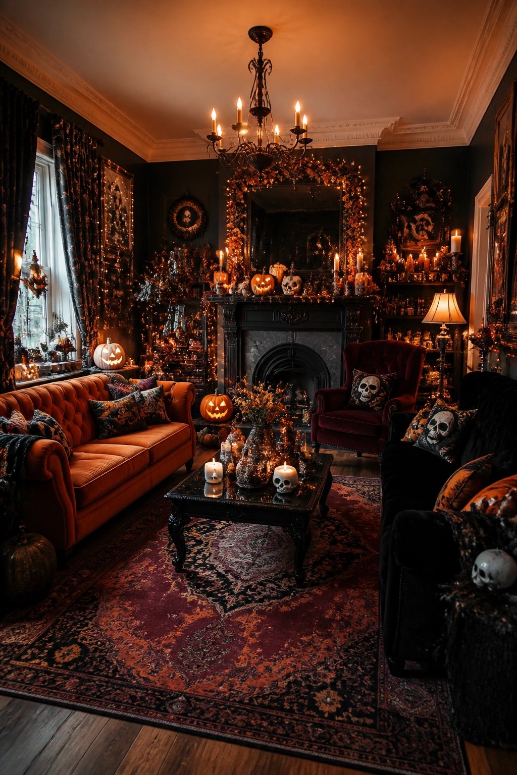 Living room fireplace mantel styled for Halloween with jack o lanterns, skulls, candles, and garlands around a large mirror.