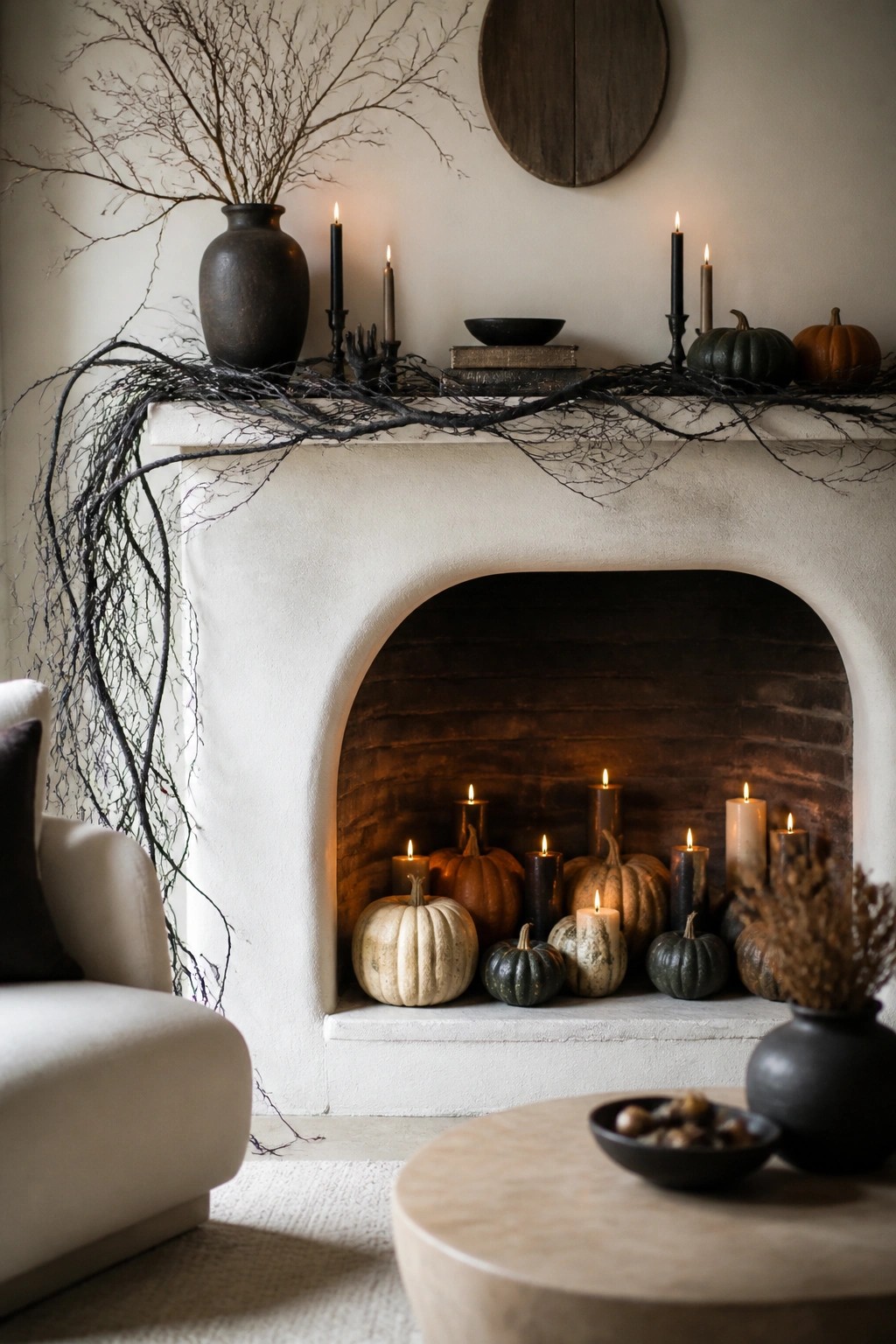 White fireplace mantel styled with black branches, black candles, and pumpkins for Halloween.