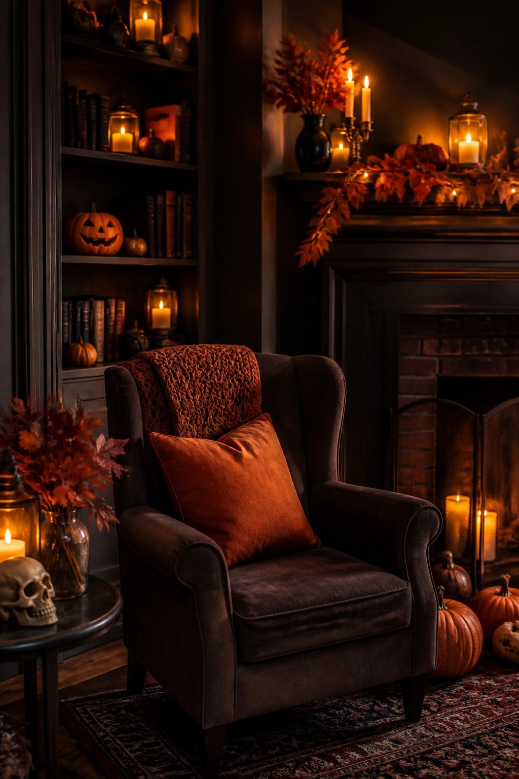 Living room fireplace mantel styled with orange pumpkins, lit candles, and autumn leaf garland, plus a carved jack-o'-lantern on the nearby bookshelf.