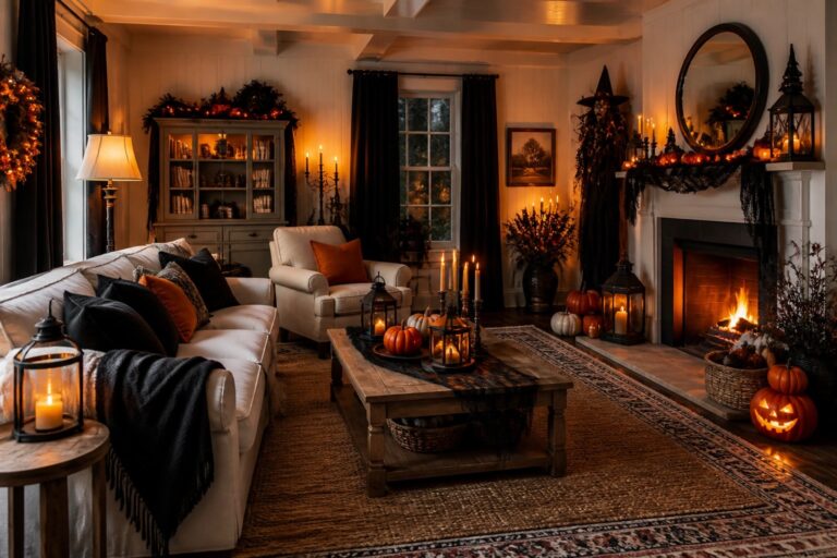 24 Halloween Room Decor Ideas That Instantly Set the Mood Stone fireplace mantel with a large circular witch silhouette, candles, and pumpkins arranged across the ledge.