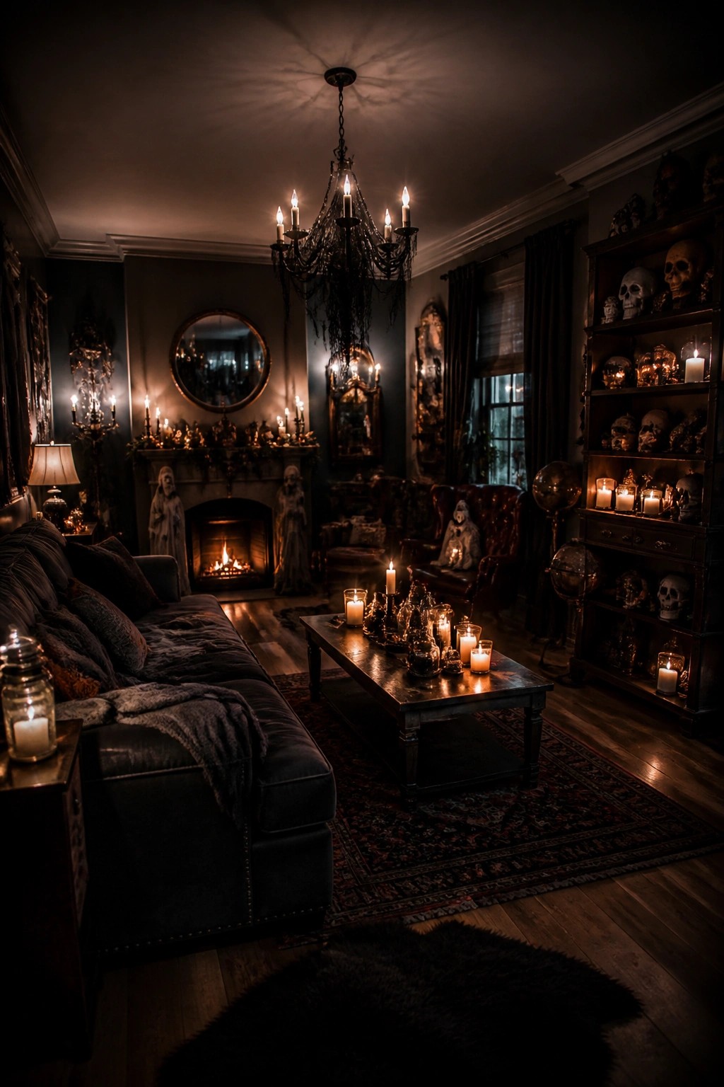Living room with tall wooden shelves filled with skulls and small skeletons, a skeleton seated in a leather chair, and candles scattered on a coffee table and mantel.
