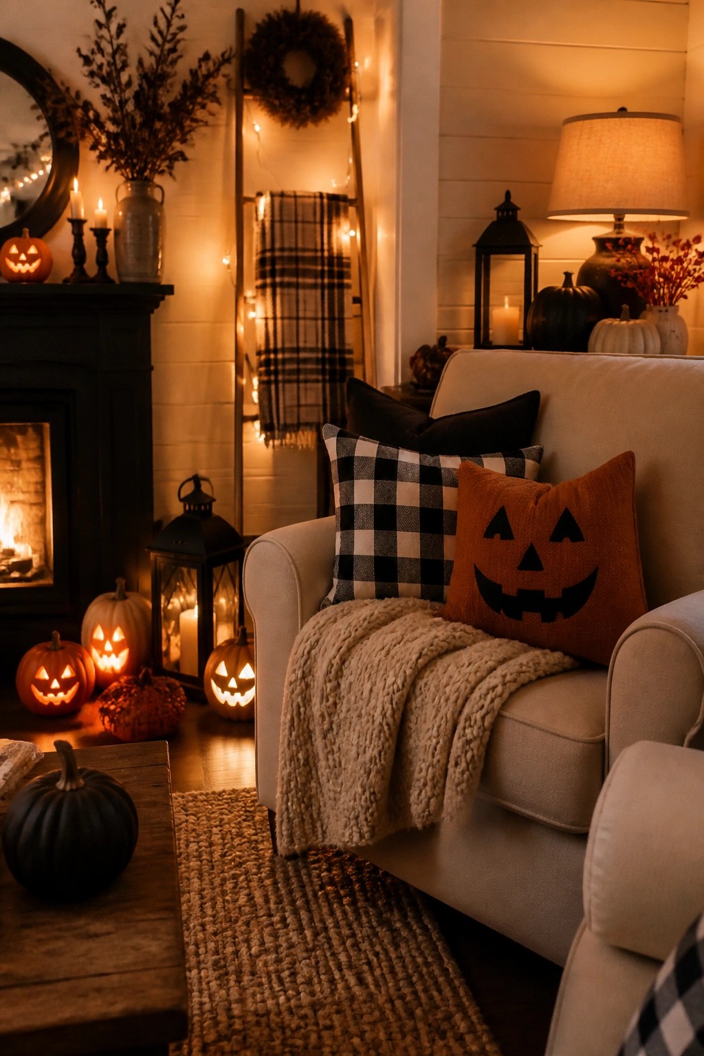 Cozy living room with lit fireplace, pumpkin pillows, string lights, and autumn decor.