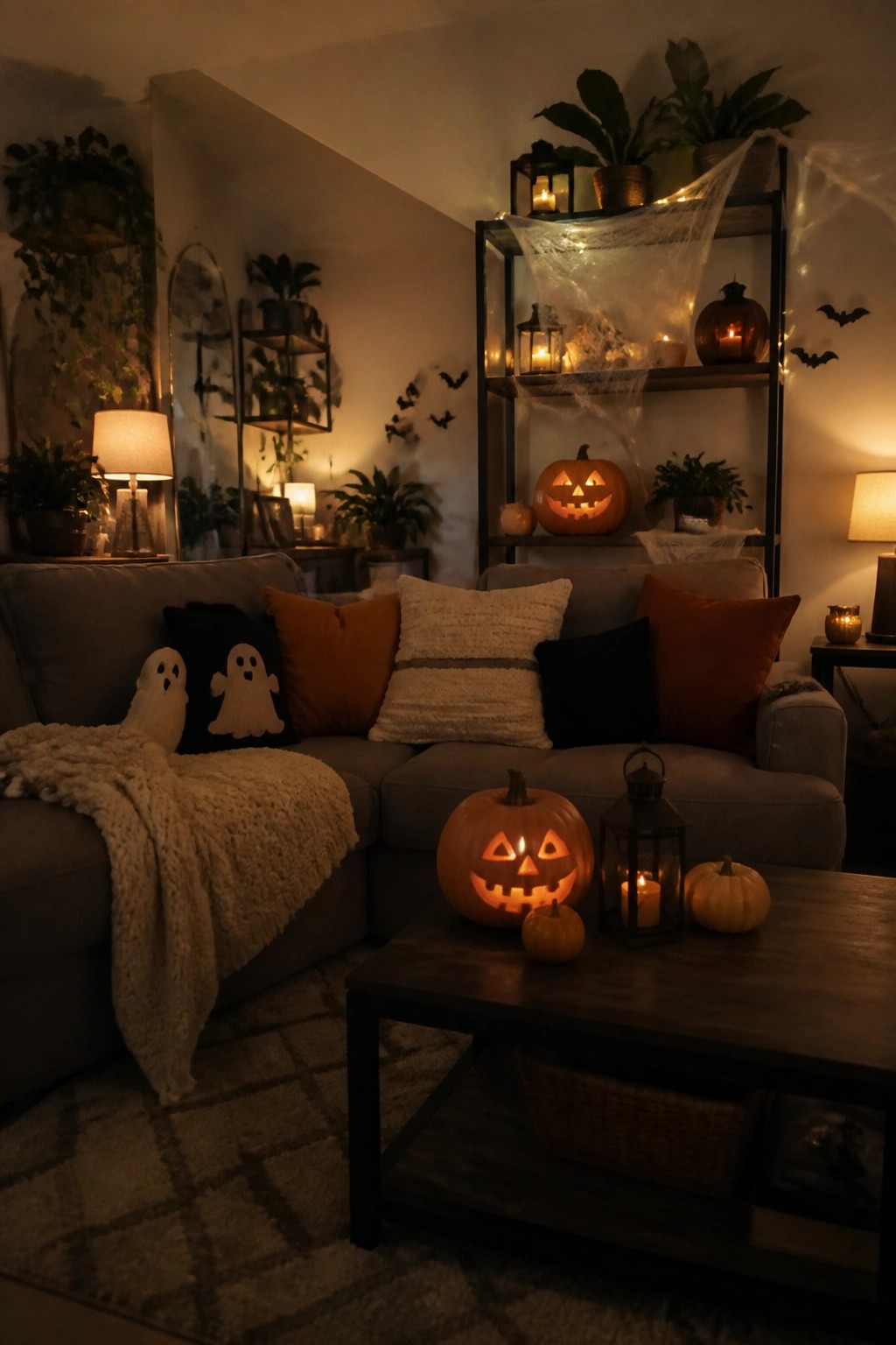 Living room sectional with ghost pillows, multiple carved and lit jack o lanterns on the coffee table, and additional pumpkins on the shelves behind the sofa.