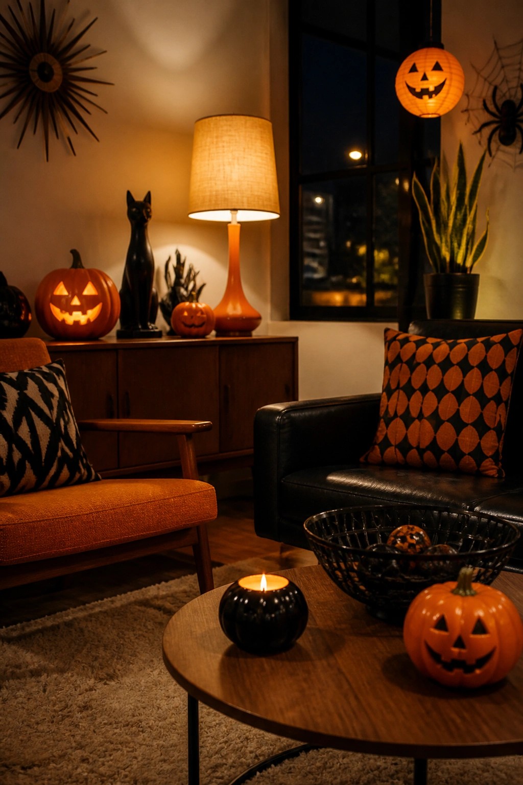 Living room with multiple carved jack-o'-lanterns on a wooden sideboard, a black cat figurine, spiderwebs on the wall, and a hanging pumpkin lantern.
